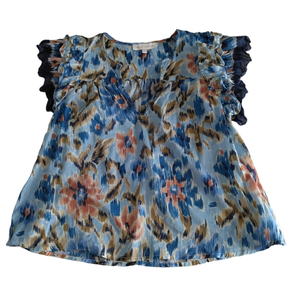 House Of Harlow 1960 Size Small Blue Abstract Floral Ruffle Tiered Sleeve Top - Picture 1 of 11